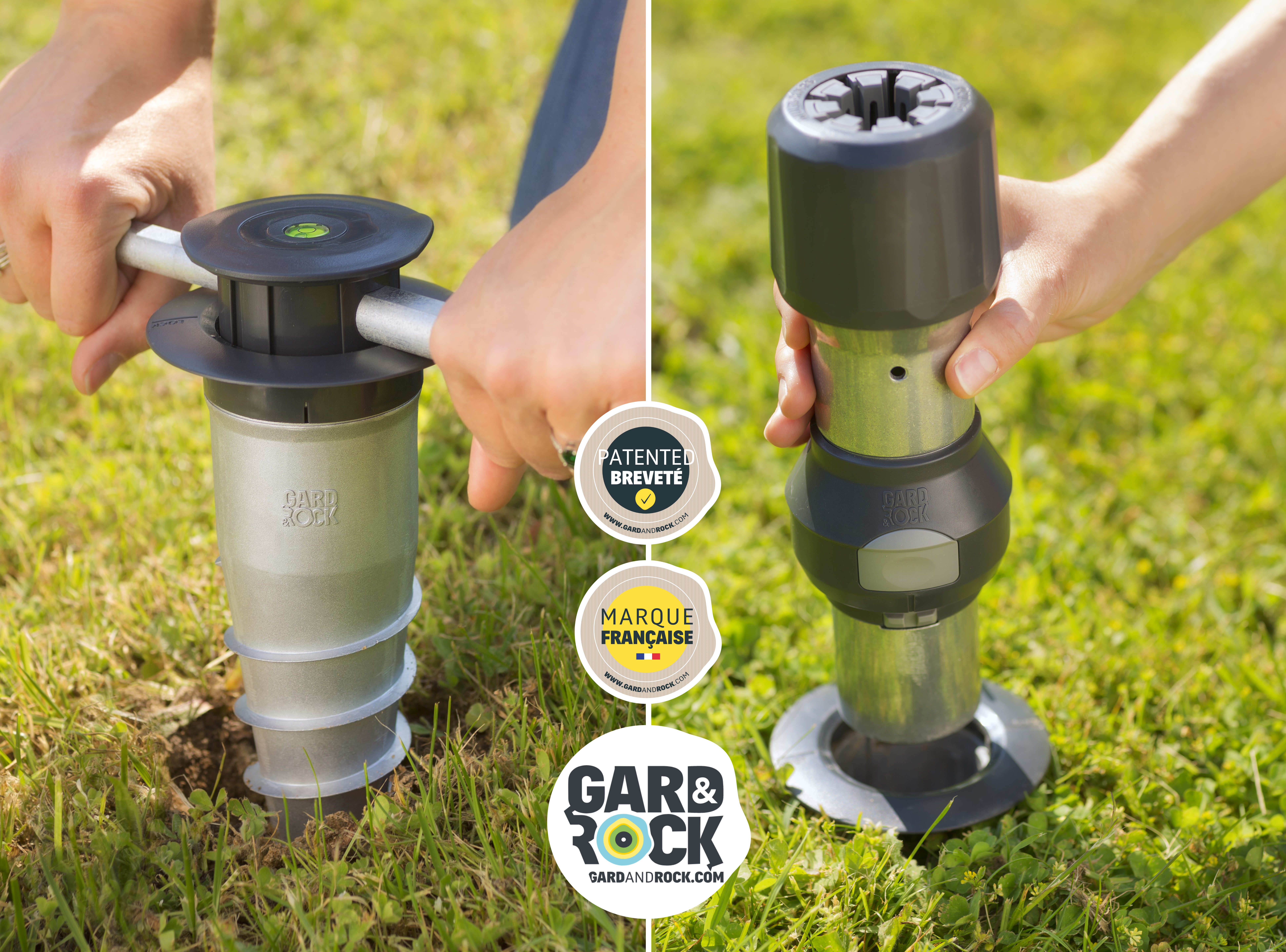 Bodenanker wird in den Boden geschraubt, während der Sonnenschirmhalter eingeklickt wird