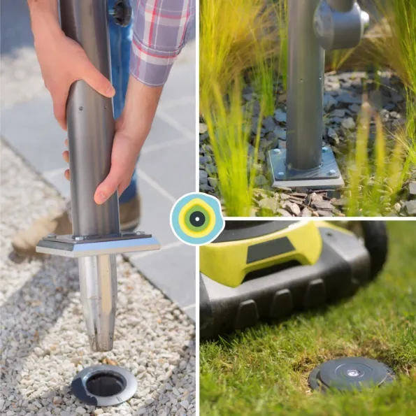 Versetzte Sonnenschirmbefestigung in Bodennähe ohne Gard & Rock Ballastplatte