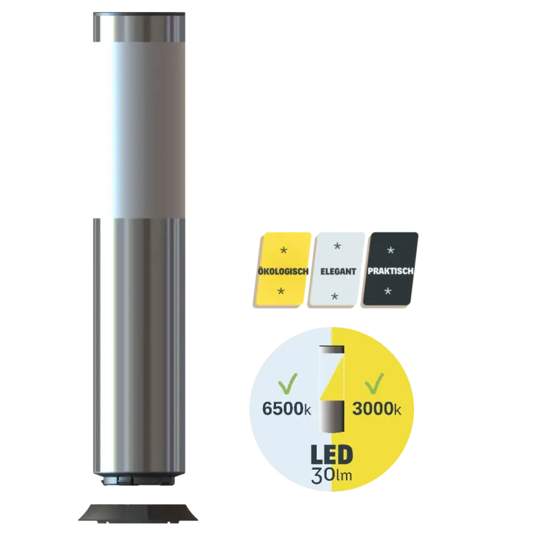 Solarlampe wird auf Sockel geklipst, autarke Energie, elegantes und praktisches Design, Piktogramme sichtbar.